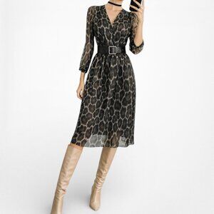 Vintage Y2K Brown Animal Leopard Long Sleeve Knee Length Pleated Dress Size M